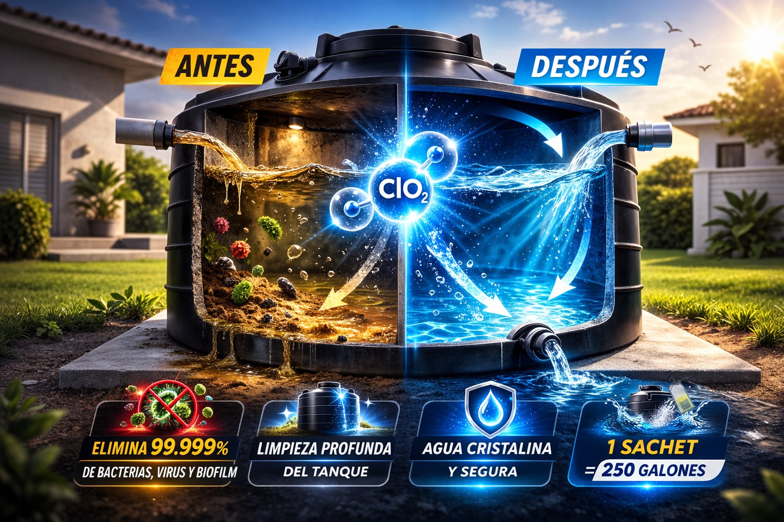 Antes y después — AGUASEGURO™ elimina bacterias, virus y biofilm del tinaco