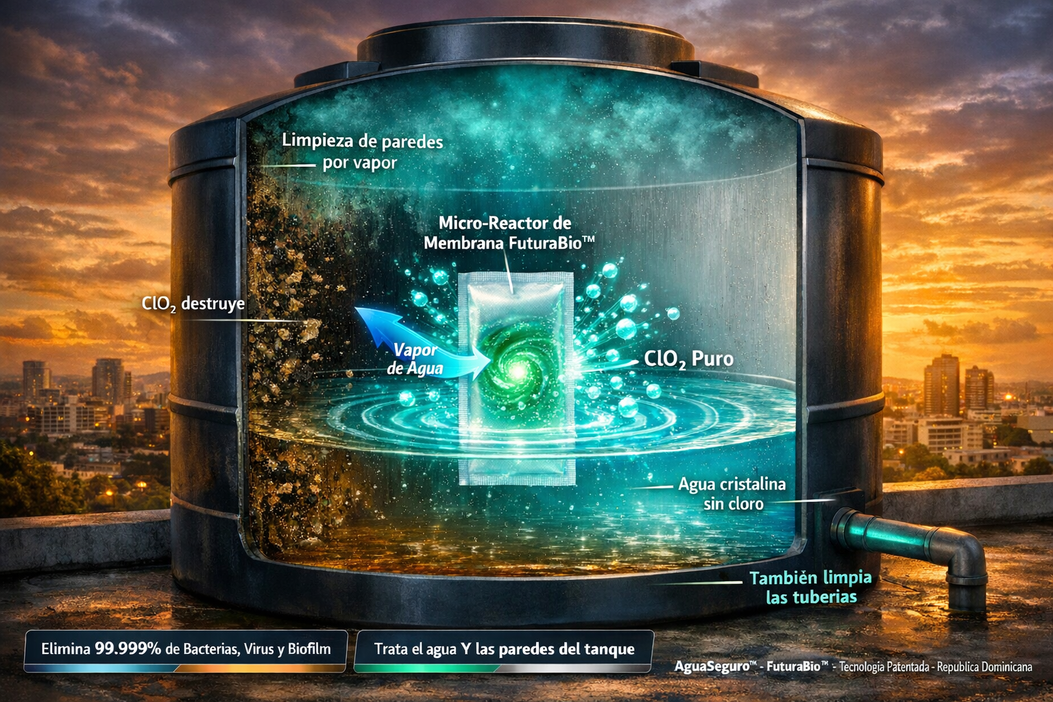 El Micro-Reactor FuturaBio™ trabajando dentro de un tinaco dominicano